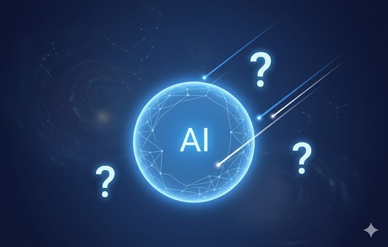 En glob i rymden med AI-frågetecken runtom.